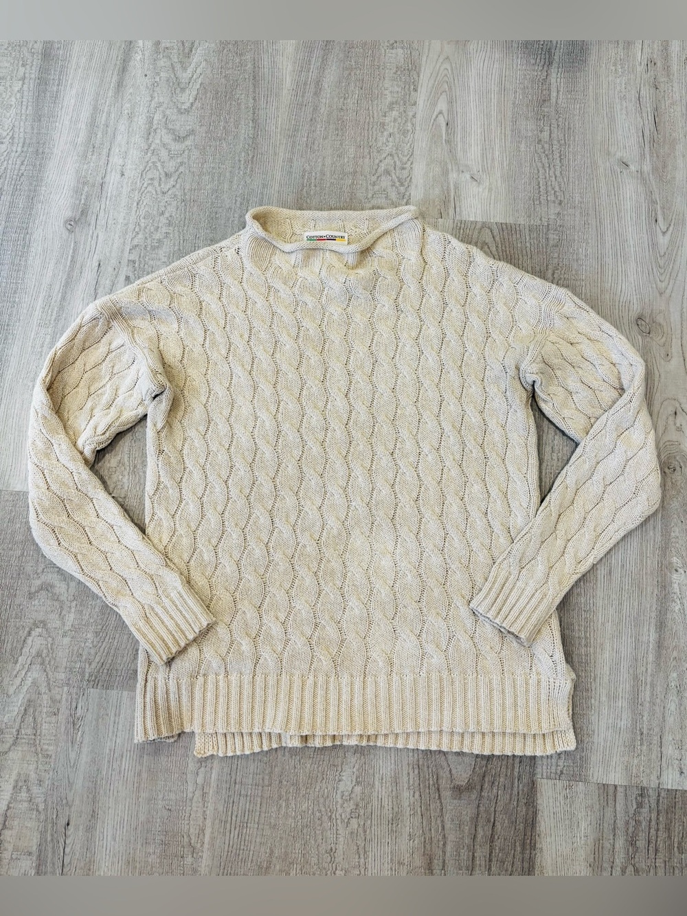 Vintage Cotton Country Cream Roll Neck Cable Knit Sweater Medium